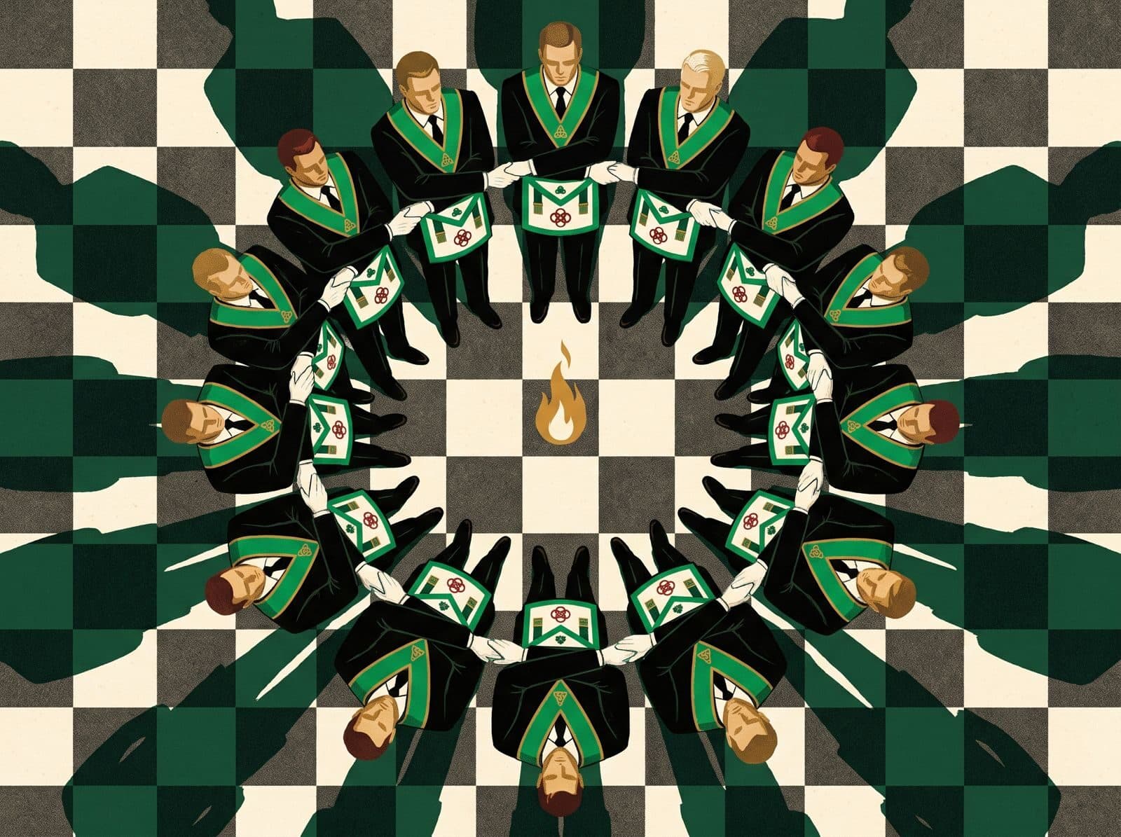 Illustration seen from above of a chain of union: Brothers in a ring, hands joined over the mosaic pavement, around a flame