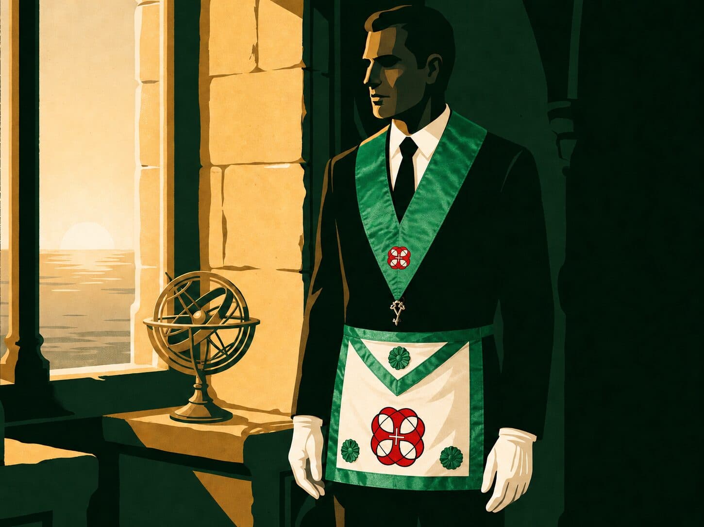 Illustrazione di un Fratello del Rito Portoghese, con collare verde e grembiule, che guarda l'Atlantico all'alba, con una sfera armillare sul parapetto